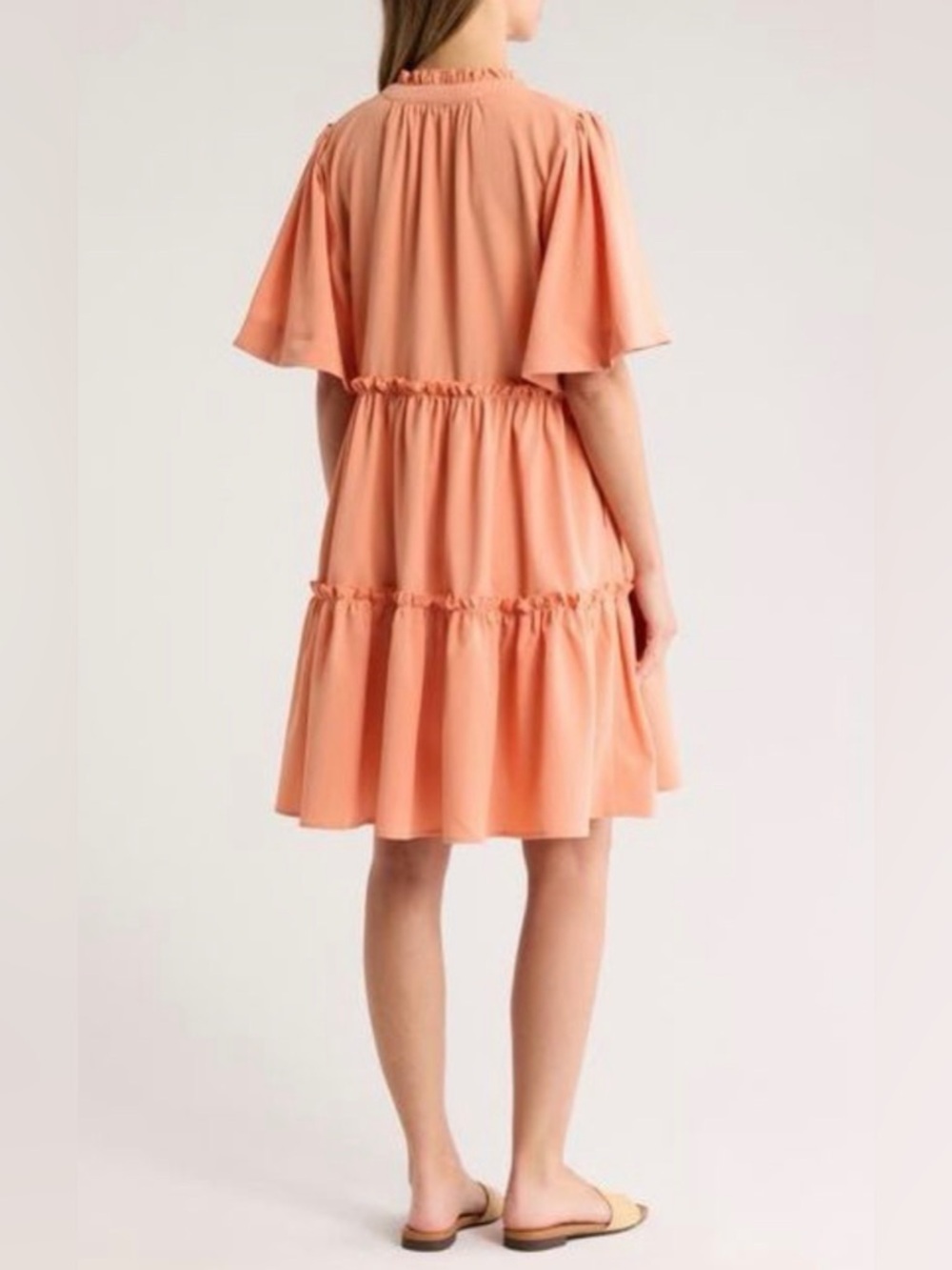 NWT Area Stars Coral Tiered Trapeze Dress Split Neck Flutter Sleeve Pockets M - Picture 4 of 4